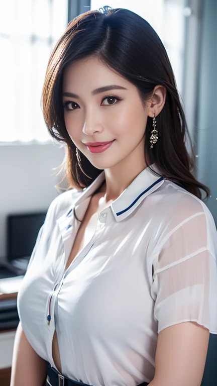 (Highest quality、Tabletop、8k、Best image quality、Award-winning works)、1 Beauty,Great face and eyes, (Beautiful lovely smile), (Highly detailed beautiful face), Bright and shiny lips, look at me、(Face close-up:1.3)、(White polyester open office blouse:1.3)、(Perfect and accurate open blouse collar:1.1、(Small cleavage:1.1)、 Accentuate your body lines、Slender body、Cinema Lighting、(Standing in a stylish and beautiful modern office corridor:1.2)、(Strongly blurred background:1.2)、(Romantic lighting for epic films:1.1)、(Accurate anatomy:1.1)、(Very white skin:1.2)、(High nose:1.1)、(expose forehead:1.1)