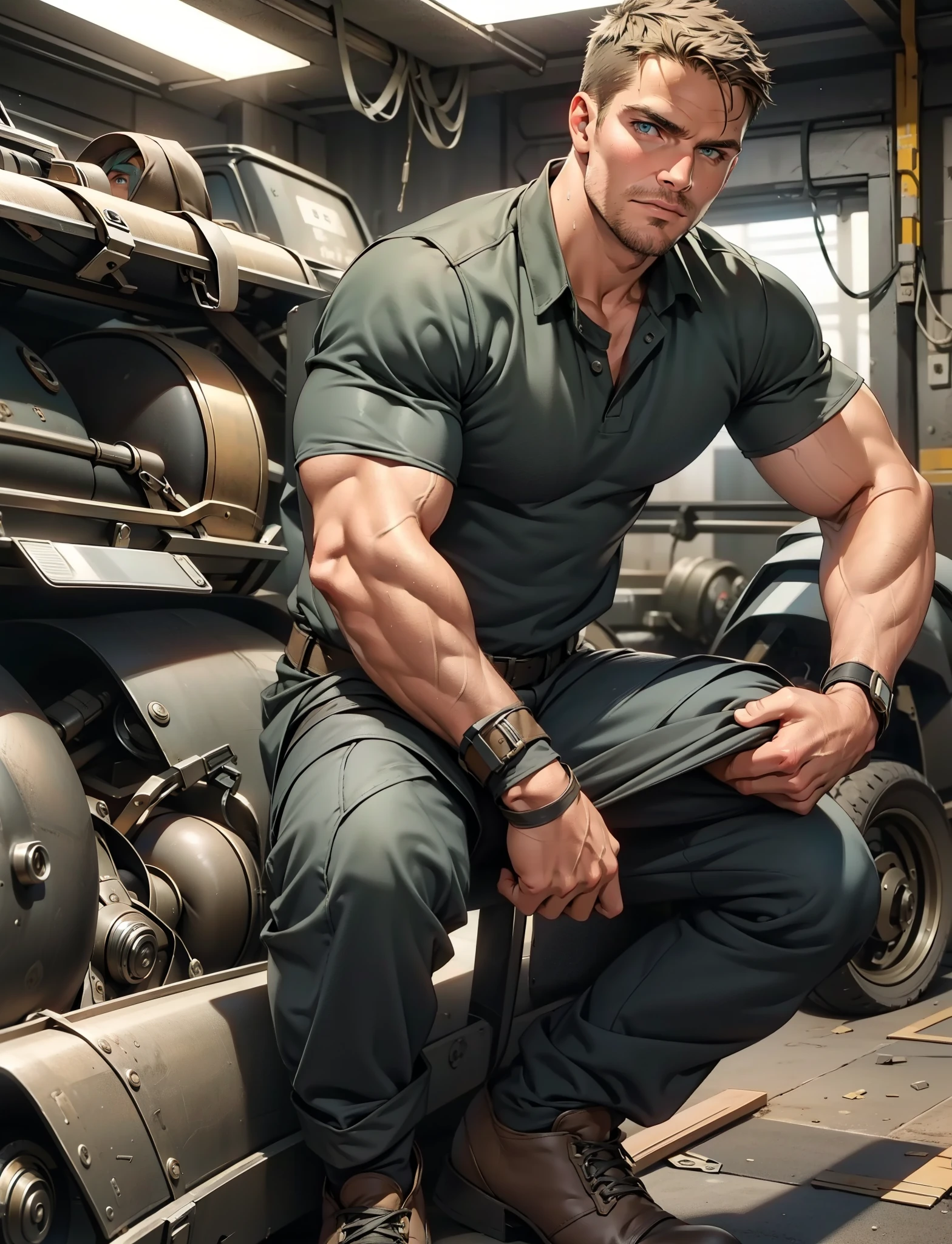 masterpiece, best quality face, natural eyes,mature man, muscled and mature, stephen amell as a mechanic man, sweating, full body