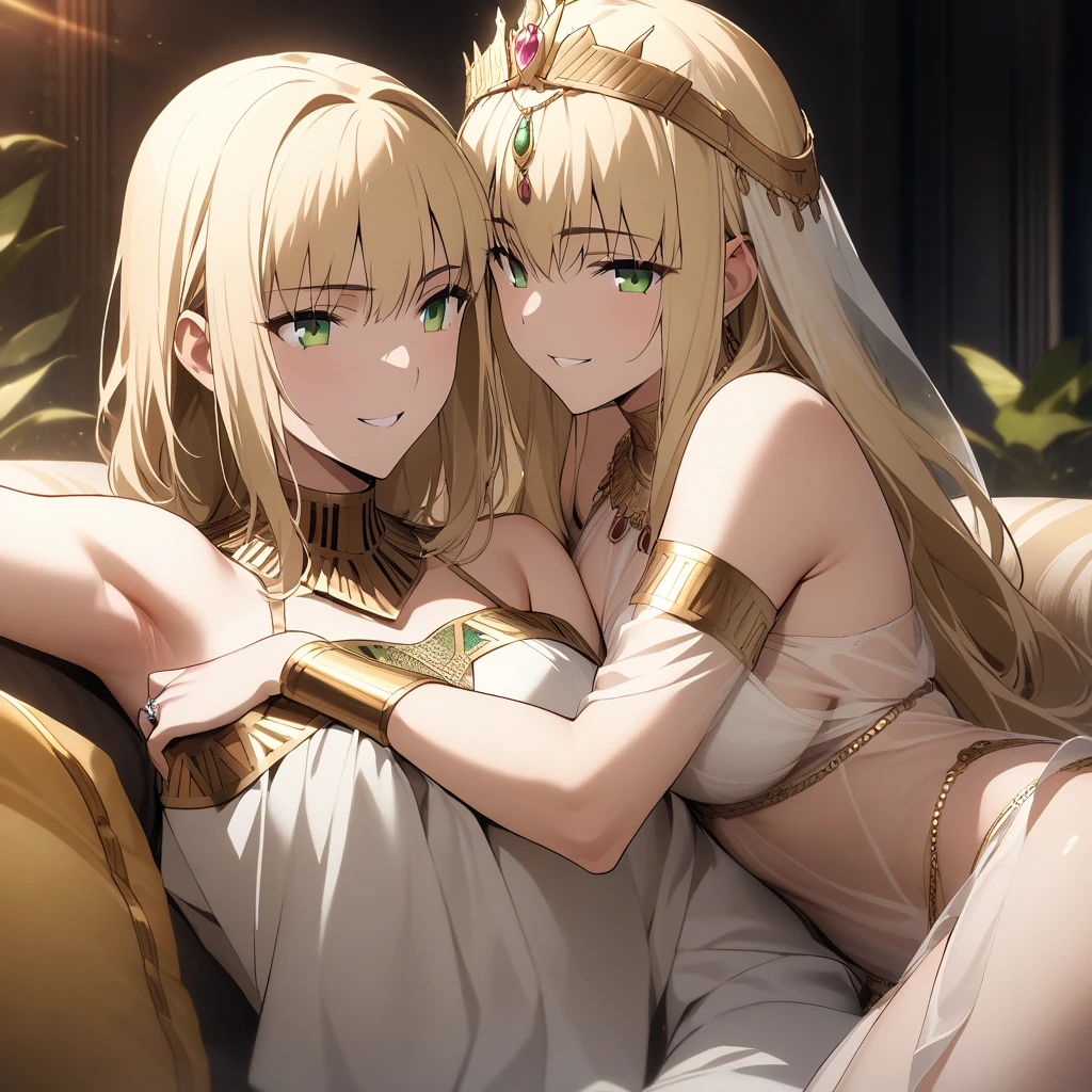 ((Highest quality)), ((masterpiece)), (detailed), (Perfect Face)、Women are divine in both mind and body, like the Greek goddess Hera.々Hera, the wife of Zeus, king of the gods, is happily embracing a man.、The woman is the goddess Hera, queen of the one and only god Zeus. She has green eyes, blonde medium-long hair, wears a gorgeous Doric chiton, an engagement ring, and gorgeous accessories. She is an elegant, graceful, and beautiful goddess, Hera, the wife of Zeus.、The woman is depicted on a magnificent temple throne in company with the regal, bearded, elderly god Zeus, clad in a Doric chiton.、The man is the bearded, elderly god Zeus, wearing a dignified Doric chiton, embracing a woman.