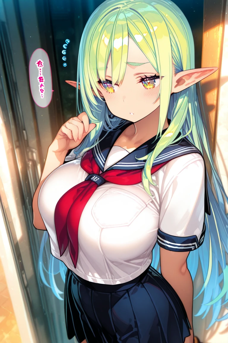 nsfw,((One man and one woman,Having sex)),on stomach,from behind,Small breasts,Bare Breasts,hair ribbon green hairband ,pointy ears,yellow bow green dress bare shoulders detached sleeves clothing cutout skirt green gloves,アヘ顔