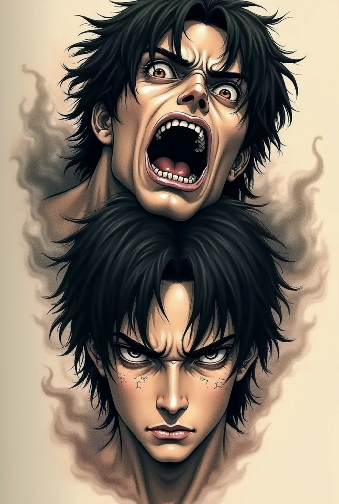 best quality, masterpiece, (realistic: 1.2), 1 man, Eren Jaeger, real life, live action, black jeans, black pants, brown hair, attack on Titan, long hair, crying, abs, muscles, shirtless, red background