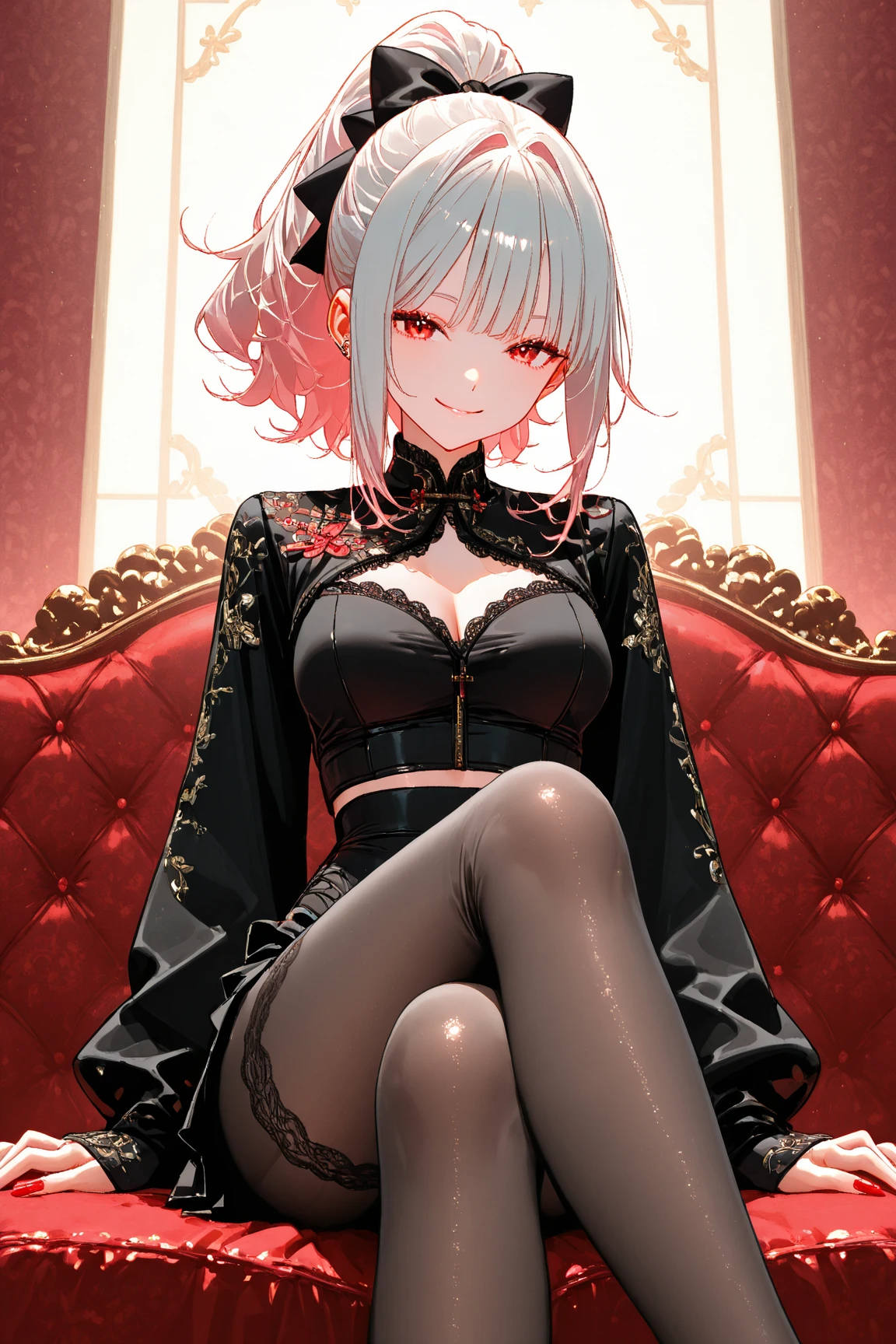anime - style image of a woman in a black dress sitting on a red chair, seductive anime girl, anime girl wearing a black dress, loli in dress, 2b, 2 b, beautiful alluring anime woman, perfect white haired girl, best anime 4k konachan wallpaper, noire, royal elegant pose, white haired deity