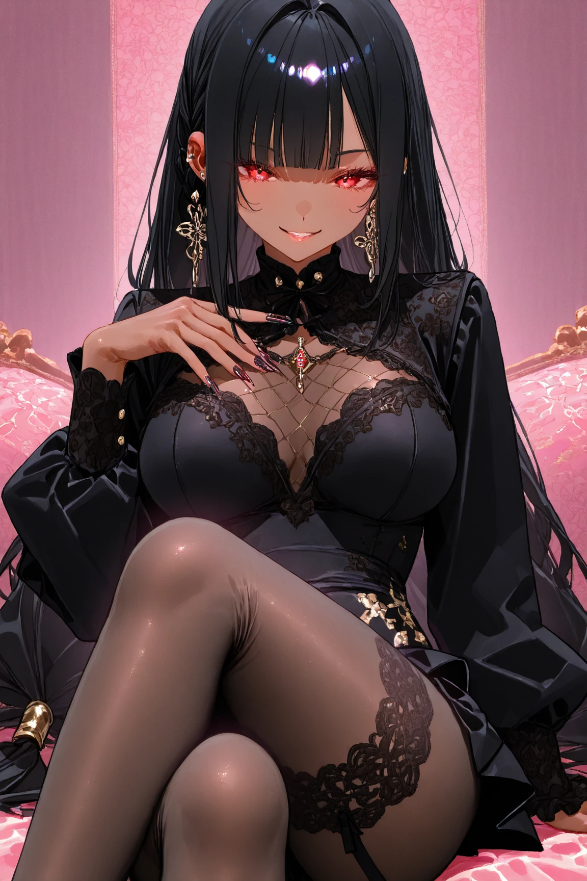 Girl with black hair, dressed like a hardcore music fan. Dark colors predominate, torn fishnet stockings, Metallica logo top, black lips and eyes, Tattoos on the body, zöcker with spikes on the neck. She sits on the bed and on the wall behind her are posters of Skarlxrd and Slipknot. You can feel love and sincerity in her gaze. 