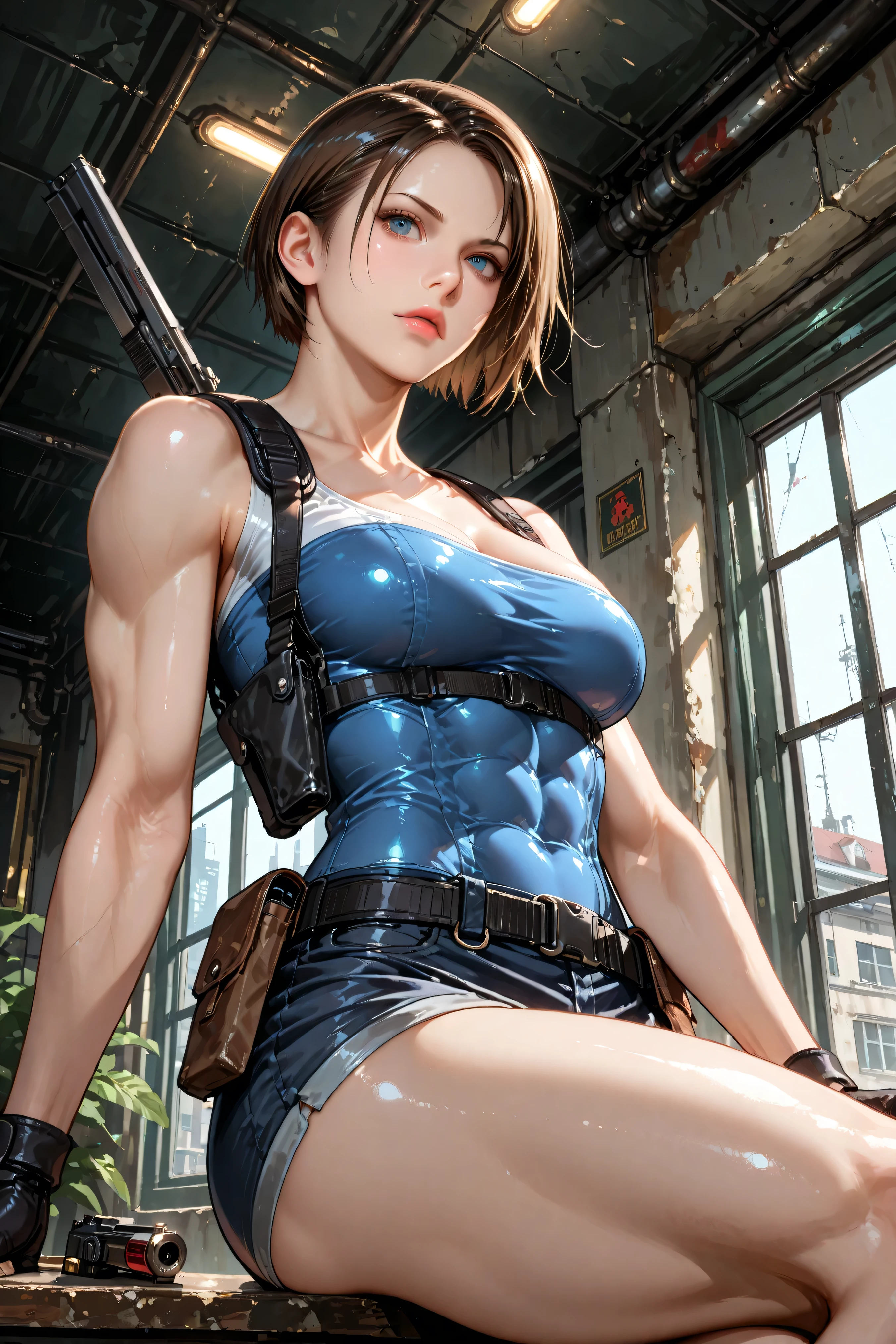 (Jill Valentine full body portrait from Resident Evil) + (hyper-detail) + (skin) + (outfit) + (face) + (depth of field) + ( vivid). Studio photto, 85mm, ISO 100, f/2, 1/10, dim soft natural lighting, 512-bit color and 1024K resolution.