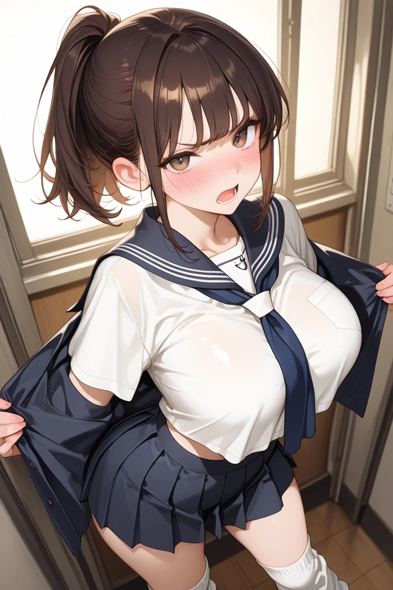 (8k, RAW photo, best quality, masterpiece, soft cinematic lighting, soft color:1.4),(ceiling, iook at camera,under breasts focus:1.5), (realistic), (indoor background), (solo, mature woman,19years old:1.3), (sailor uniform,underboob,low-cut miniskirt,sheer :1.3), (embarrassed,red Cheeks:1.25), party chignon bronze color hair, clean skin, (smaller butt:0.9),(huge long wide heavy breasts:1.3), (thick, curvy:1.3),(very skinny:1.3)