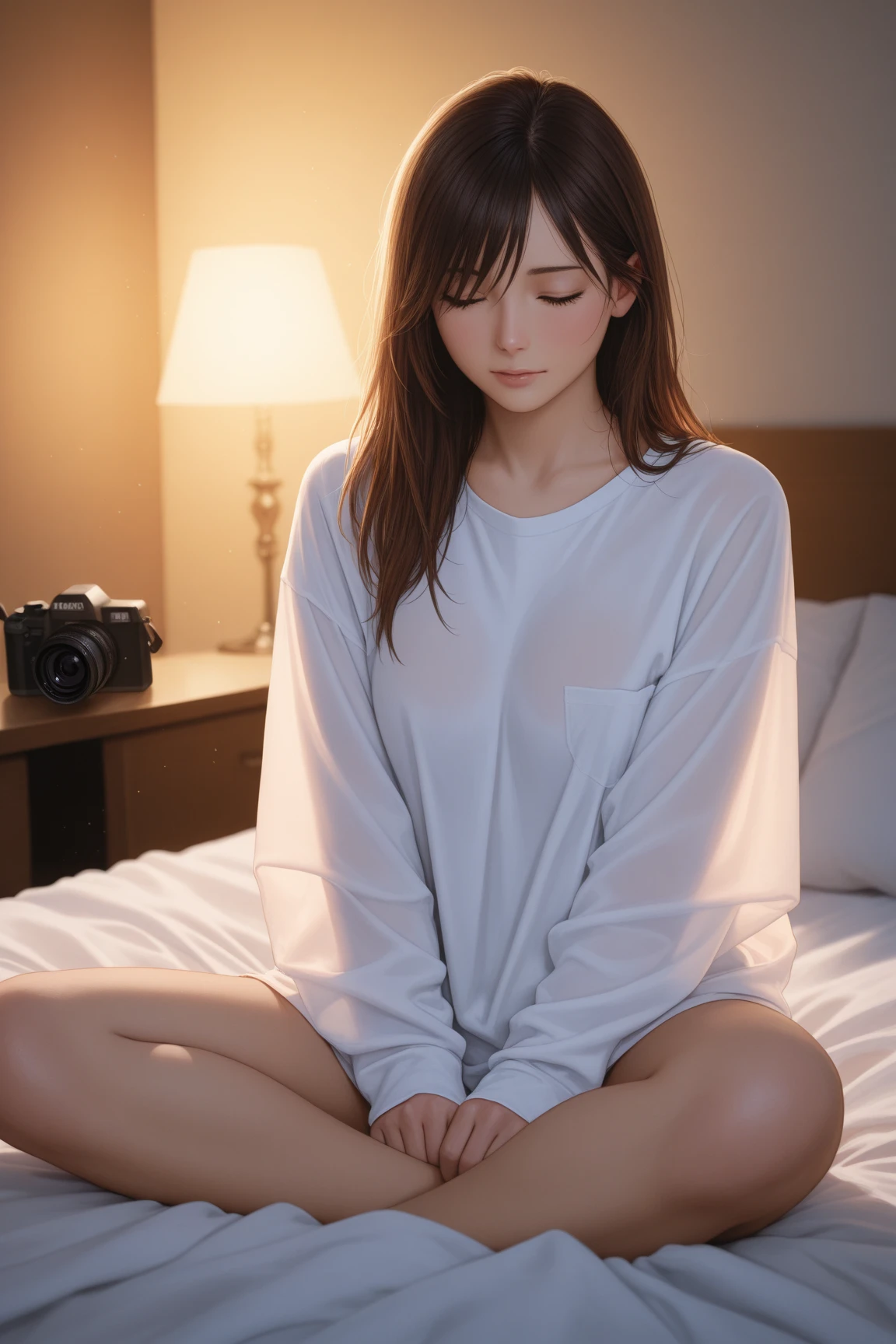 ((masterpiece)),((best quality)),((ultra detailed)),((photorealistic)),pov,(bedroom),morning,(sunlight),window,closed curtains,cloudy sky,cityscape,1girl,black eye,medium hair,black hair,((messy shirt)),plate shorts,(sitting on bedroll),(scratching cheek),(waking up),full body,floor,hdr