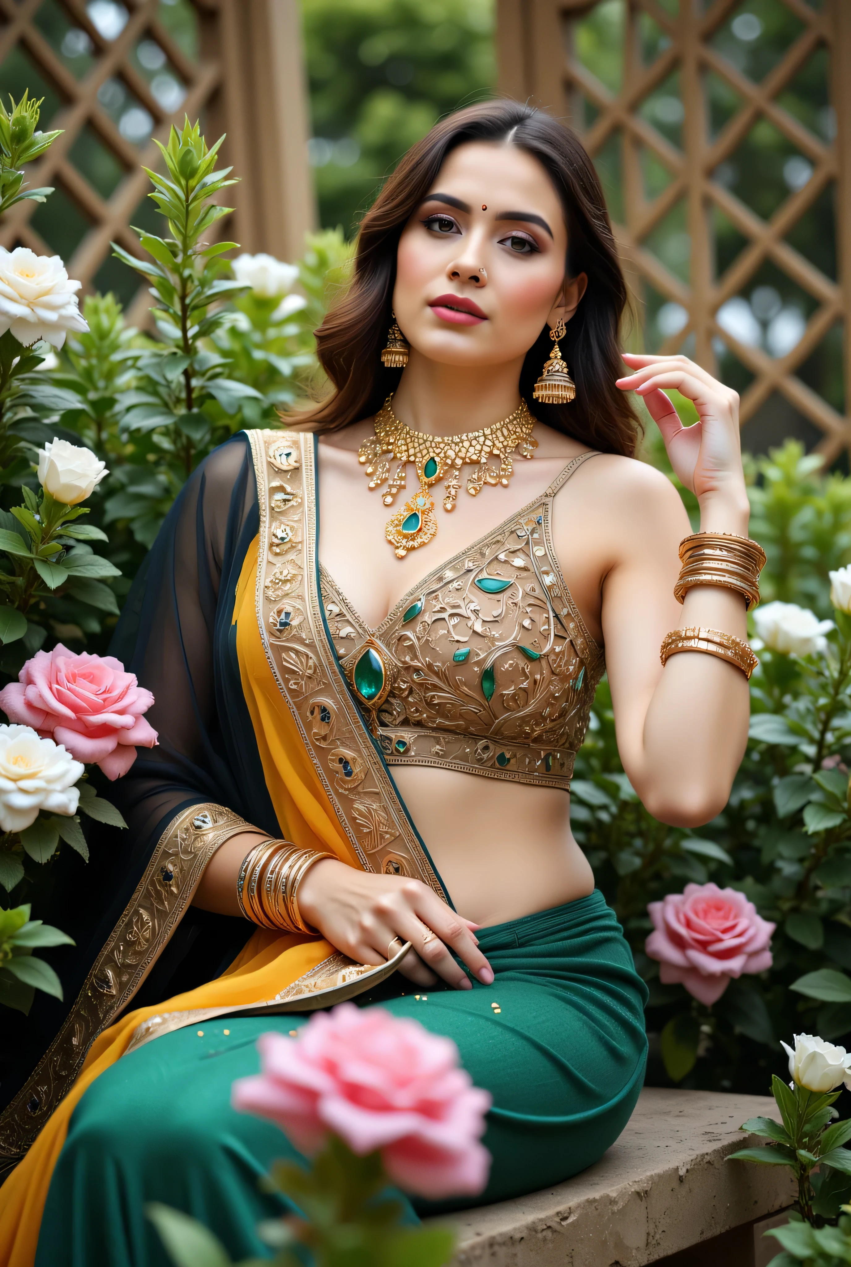 A captivating portrait of a beautiful woman in a traditional Indian saree, posed elegantly in a lush garden setting. The saree is a stunning combination of vibrant yellow and black, adorned with intricate gold embroidery and embellishments. The blouse features a deep neckline with ornate golden patterns, seamlessly blending with the saree’s rich, luxurious fabric. The saree's pallu drapes gracefully over her shoulder, accentuating her poised and graceful demeanor.
The woman has long, flowing hair styled in soft waves, complementing her refined and graceful appearance. Her skin has a warm, glowing complexion, enhanced by subtle,natural makeup with a hint of blush and glossy pink lips. Her striking eyes are accentuated with soft eyeliner and long lashes, and she wears a traditional bindi on her forehead, adding a touch of cultural elegance.
She is adorned with traditional Indian jewelry, including a grand gold necklace with emerald gemstones, matching chandelier earrings, and stacked golden bangles. The jewelry sparkles subtly under the soft natural light. The setting features a garden filled with blooming white flowers, lush greenery, and intricate lattice structures, creating a serene and romantic atmosphere.Lighting is soft, with natural sunlight filtering through the foliage, casting delicate shadows and highlights on her face and attire. The overall mood of the image is one of elegance, grace, and timeless beauty, with a rich, vibrant color palette that highlights the cultural and artistic elements of traditional Indian fashion.Style: Hyper-realistic, vivid colors, high-detail embroidery, intricate jewelry design, soft natural lighting, graceful pose, serene garden ambiance.Camera Settings: maximum resolution DVI-D: 5120 x 3200 @120Hz
DisplayPort: 8192 x 4320 @120Hz
HDMI: 7680 x 4320 @120Hz / 8192 x 4320 @48Hz, portrait orientation, shallow depth of field, focus on the subject, soft background blur to enhance the model's prominence.