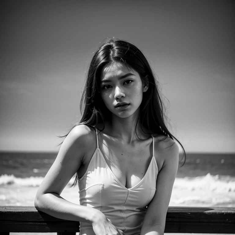 Best quality, masterpiece, ultra high res, (photorealistic:1.4), 1girl, wear summer dress, (at beach), (nice breasts:1.2), looking at viewer, (((straight from front))), film grain, Fujifilm XT3, ((medium shot:1.5)), (professional lighting:1.6)
