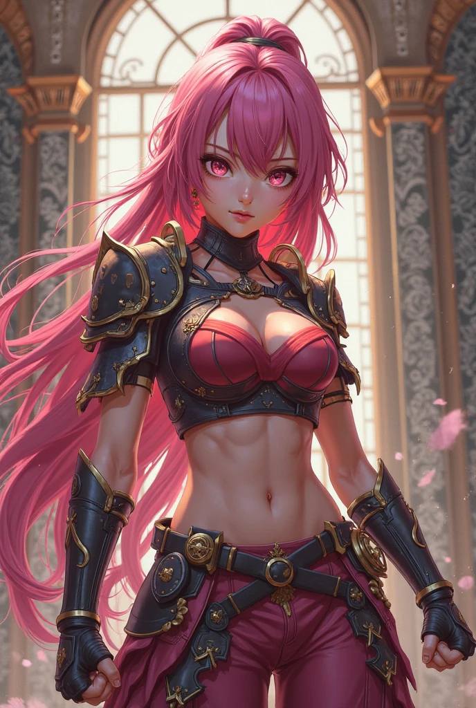 masterpiece、best quality、超high resolution、Realistic skin texture、Leather Armor、Bare breasts、Reality、high resolution、RAW photos、shiny skin、Realistic skin texture、Optimal lighting、shine、Dramatic Lighting、Dynamic poses、Greek temple background、Female warrior、Rune Greatsword、arena、2 Girls、精致big eyes、Pink ribbon、Roman skirt、White Blonde Long Hair、High Ponytail、blue eyes、Clear eyes，look at the audience、 Large Breasts、、Smile、, Solitary, 2 Girls,  Pink Hair, Purple Eyes, short hair, Flowering, , Bikini, big eyes, , Black fishnet stockings,Make an action, 
