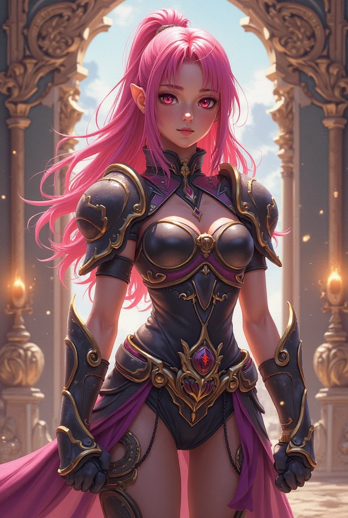 Woman, long wavy hair, pink hair, blue eyes, elf, wearing armor, sitting, sexy, armor,Sitting on the throne,Expression would be, sexy