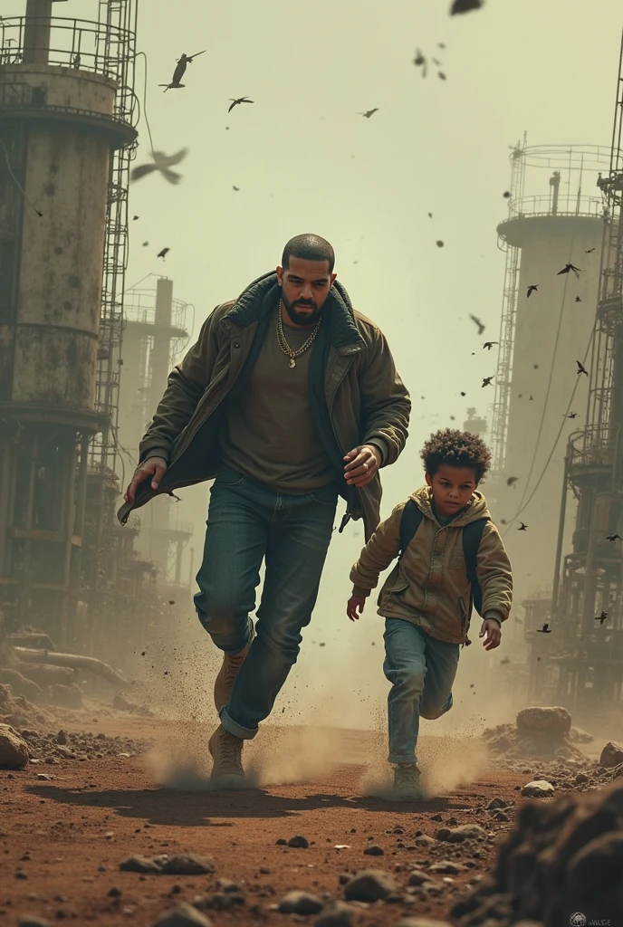 A black guy with a knife in his hand running after a fat kid and a dark-skinned kid