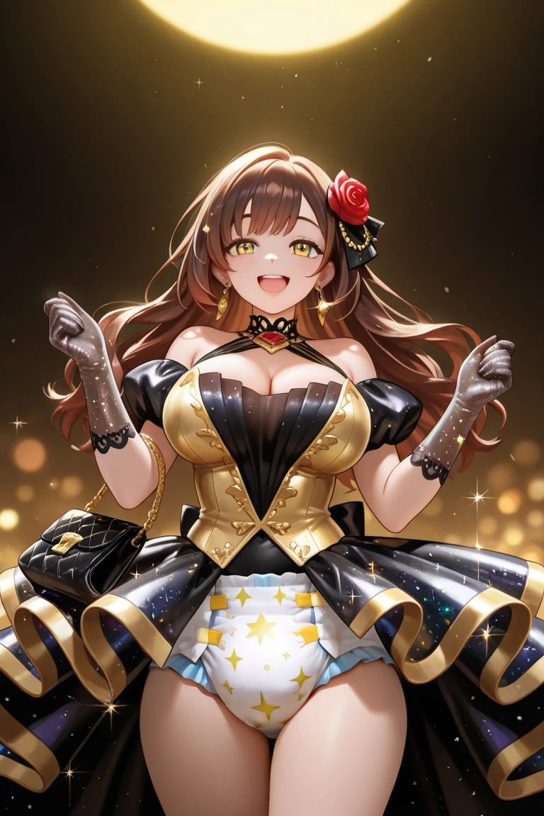 (Highest quality, Ultra-high resolution、The most complex and detailed depiction、masterpiece、8k, RAW Photos, Best image quality、Very detailedな顔、Attention to detail、Beautiful woman、Realistic、photo-Realistic、Very detailed, Beautiful attention to detail:1.5),(One adult woman:1.3)、(blush)、(Gal-style makeup、mascara 、eyeshadow、Dark eyeliner、Long and beautiful eyelashes、False eyelashes、double eyelid、heavy makeup、hostess、茶colorの目、:1.5)，(淡い虹colorのグラデーションの蝶柄のブラジャー、淡い虹colorのグラデーションの蝶柄パンティー:1.5)、Gorgeous jeweled necklace、Gold bracelet、A gorgeous gold tiara studded with jewels、Sheer black lace dress、Mesh fabric、Fishnet tights,Black opera gloves、(A seductive smile),(under boob、Huge breasts:1.3)、(Cleavage:1.2)、(((薄茶colorの髪、Wavy Hair、Long Hair)))、elongated nose、Face with gills、(Very tanned and shiny skin:2)、(Perfect Style,sexy)、Saggy breasts、Large saggy breasts、((Sweat、Your body is wet))、((Dim Club、pole dance、audience))、(Mirror ball)、Sleepy face、color々A pose