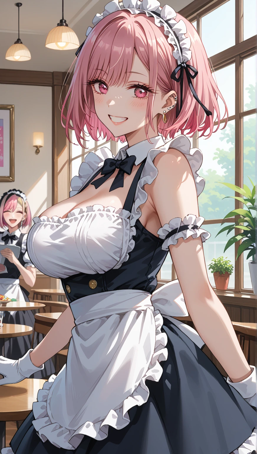 ((highest quality)), ((masterpiece)), ((Perfect Face))、((the skirt is rolled up))、((Showing panties))、((Revealing underwear))、Hearts in eyes、Pink Hair、Braid、orgasm、Flushed face、Sweaty all over、Ahegao、Maid clothes