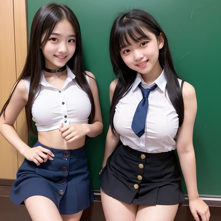 (Two elementary school students)、Young face、White buttoned and collared shirt、mini skirt、(Looking at me with a smile)、Female in her early teens、Big Breasts、A sleeveless shirt that accentuates the shape of the breasts、classroom、Angle from below、(Nobody background)、Not wearing a bra、Her skirt is flipped up and her pussy is visible.、(Underboob)、(Exposing her belly)、(whole body)、Braid、Showing her side、See-through