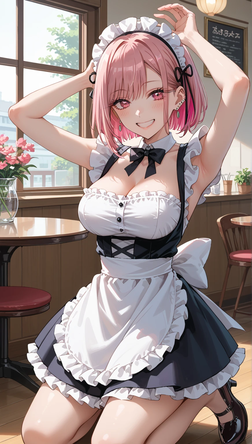 masterpiece, Highest quality, High resolution, poor, short hair, maid headdress, X Hair Ornament, Hair Ribbon, Hair on one eye, Large Breasts, Frills, Neck ribbon, Cleavage, dress, Removable sleeves, White apron, Waist apron, White Pantyhose, Are standing, Cowboy Shot, smile, Outdoor, garden,Backwards,Butt Show,Panties pink color