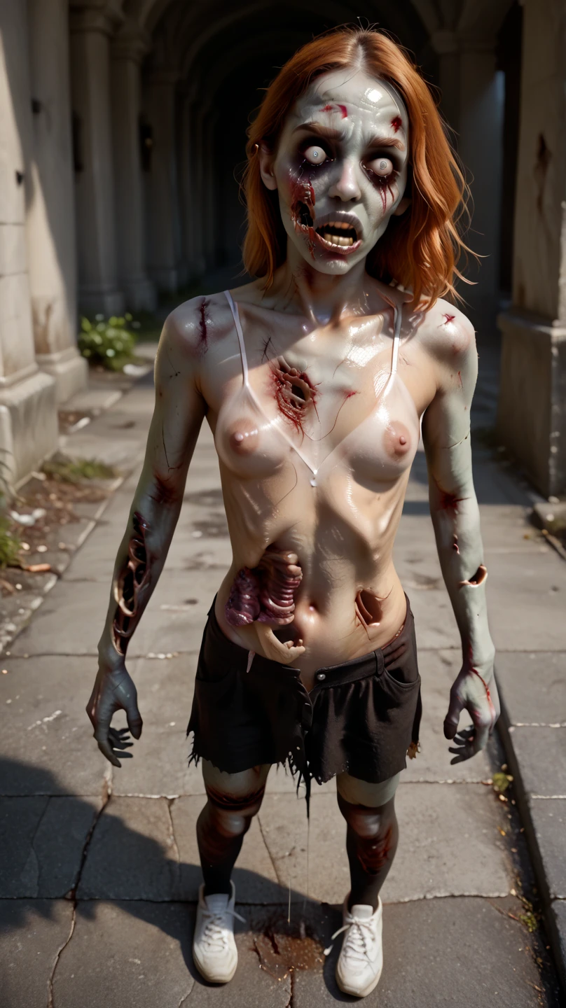 The photo is worn ,((nude)),(aggressive:1.5)  ,(scream:1.2) Beautiful ((Scarlett Johansson)) (  creepy zombie:1.4), Red hair , ((Skinny body)),  run,  night street, Zombie Apocalypse , sexual,photorealistic,masterpiece