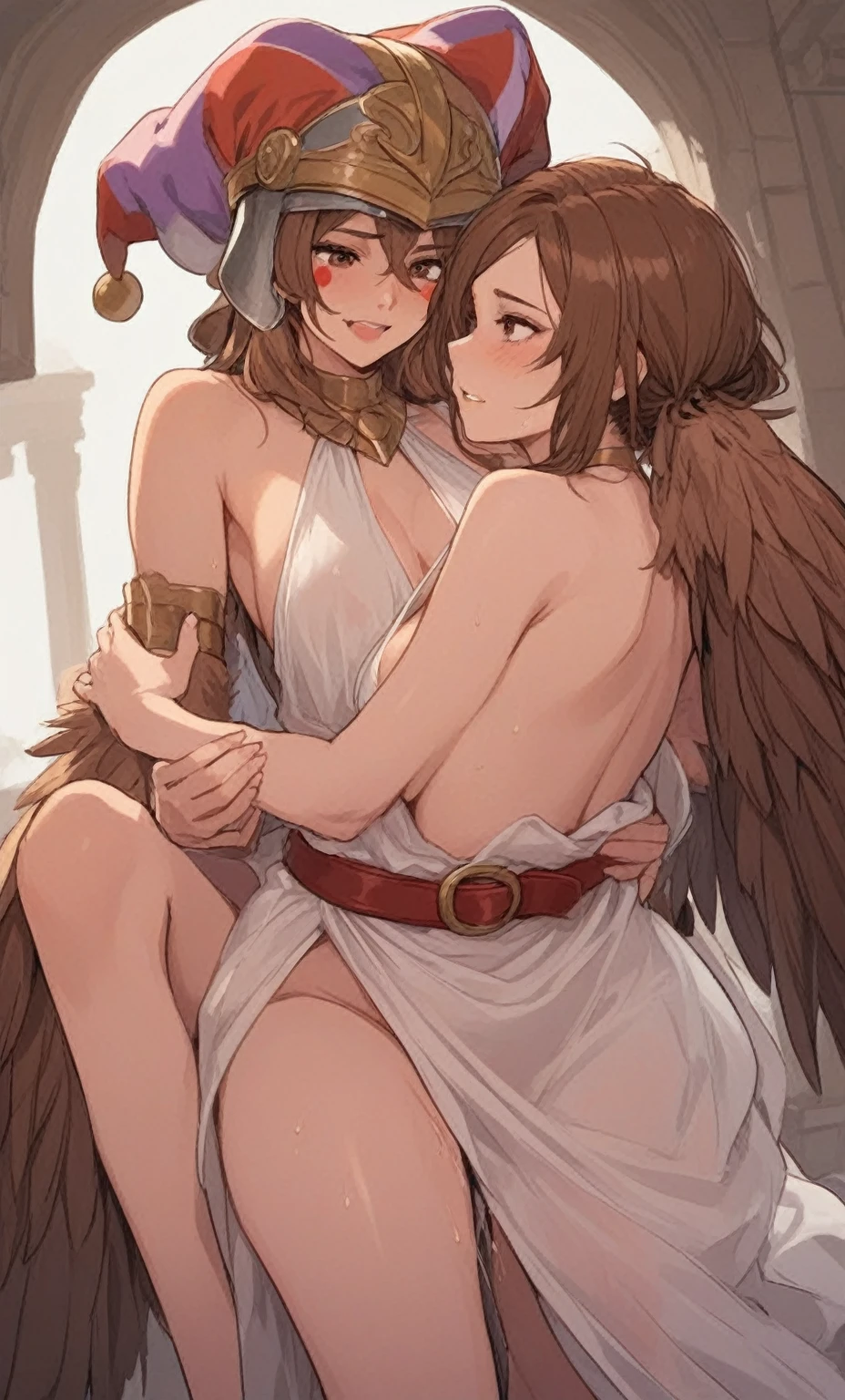 Masterpiece, best quality, Masterpiece, best quality, 1 man , red eyes , brown hair , naked , sly face , smile , tattoo , abdomen, big breasts , Long legs , Barefoot , hands on hips , abandoned factory , at night