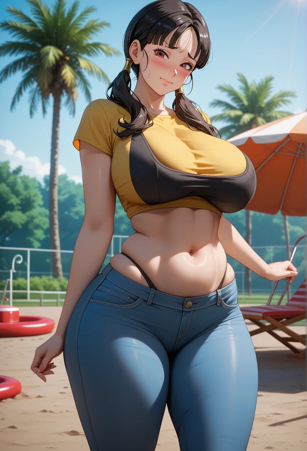 (8k, best quality, masterpiece:1.2), (realistic, photo-realistic:1.37), ultra-detailed, 1 girl,cute, solo, big breasts,beautiful detailed eyes, (long hair:1.2), yellow swimsuit, wet, red hat, chubby, blue jacket