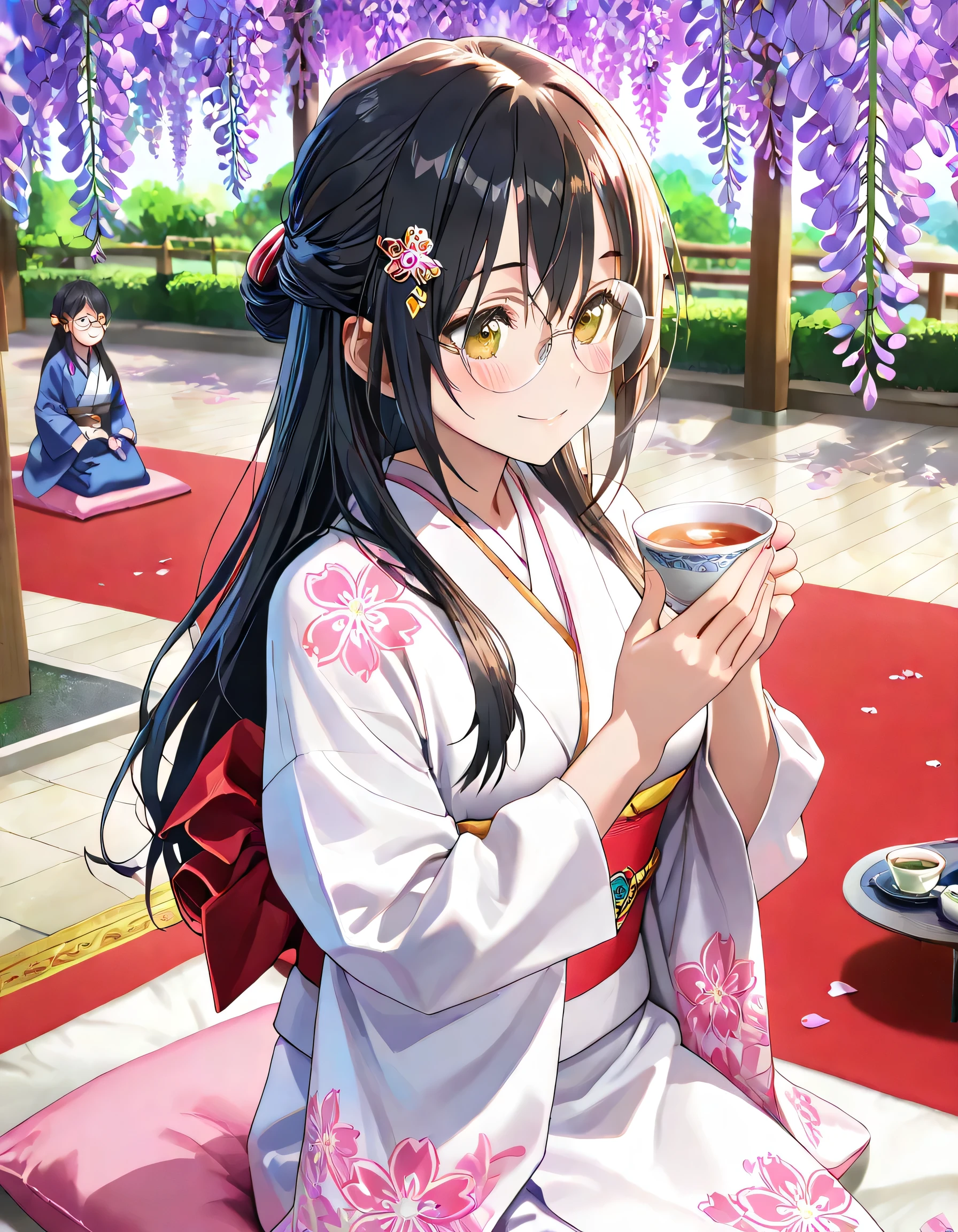 ((ultra-detailed)), (highly detailed CG illustration), (best quality:1.2), ultra-highly detailed, colorful composition, artistic photoshoot, 1girl, solo focus, upper body:1.3, Japanese moe anime character, girl, dainty facial structure, face, round face, rounded chin:1.2, short stature, thick eyebrows, half updo, sagging eyes, long hair, black hair:1.3, brown eyes, (wearing glasses:1.3), (round eyewear:1.3), half updo, gentle smile:1.3, jitome:1.2, blush:1.2, drinking Japanese tea:1.3, japanese style handleless teacup with green:1.4, holding a handleless teacup with both hands:1.4, steam:1.3, delicious:1.3, pink ankle-length long furisode costume with gorgeous floral pattern:1.3, red obi with golden decorations, red Japanese ornate hairpin with golden decoration, ample breasts, cleavage:1.2, ariza, seiza, Sitting with a cushion on top of the red carpet, Japanese-style outdoor garden, Japanese-style umbrella, Japanese Tea ceremony, beautiful detailed sky, wisteria blossom petals, wisteria frowers, row of wisteria trees, breeze, petals dancing, from above, expecting, pink cheek, blush, palepink lips, portrait, depth of field, soft lighting, sidelighting, shine, lighting, caustics, ray tracing, smile, perfect face, lustrous skin, highly detailed face, highly detailed eyes, perfect face, perfect nose, perfect hair, perfect eyes, perfect anatomy, beautiful hair, beautiful small face, extremely detailed face, beautiful detailed eyes, beautiful clavicle, beautiful body, beautiful fingers, 4 fingers, 1 thumb, lovely, very detailed background:1.0, highly detailed background:1.0, spring aesthetic, intricate details, solemn serene and respectful atmosphere, spring colors palette, chromatic aberration