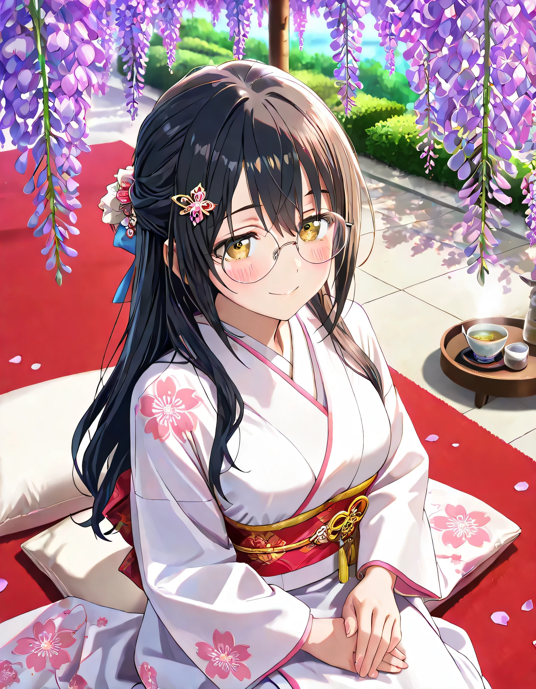 ((ultra-detailed)), (highly detailed CG illustration), (best quality:1.2), ultra-highly detailed, colorful composition, artistic photoshoot, 1girl, solo focus, upper body:1.3, Japanese moe anime character, girl, dainty facial structure, face, round face, rounded chin:1.2, short stature, thick eyebrows, half updo, sagging eyes, long hair, black hair:1.3, brown eyes, (wearing glasses:1.3), (round eyewear:1.3), half updo, gentle smile:1.3, jitome:1.2, blush:1.2, drinking Japanese tea:1.3, japanese style handleless teacup with green:1.4, holding a handleless teacup with both hands:1.4, steam:1.3, delicious:1.3, pink ankle-length long furisode costume with gorgeous floral pattern:1.3, red obi with golden decorations, red Japanese ornate hairpin with golden decoration, ample breasts, cleavage:1.2, ariza, seiza, Sitting with a cushion on top of the red carpet, Japanese-style outdoor garden, Japanese-style umbrella, Japanese Tea ceremony, beautiful detailed sky, wisteria blossom petals, wisteria frowers, row of wisteria trees, breeze, petals dancing, from above, expecting, pink cheek, blush, palepink lips, portrait, depth of field, soft lighting, sidelighting, shine, lighting, caustics, ray tracing, smile, perfect face, lustrous skin, highly detailed face, highly detailed eyes, perfect face, perfect nose, perfect hair, perfect eyes, perfect anatomy, beautiful hair, beautiful small face, extremely detailed face, beautiful detailed eyes, beautiful clavicle, beautiful body, beautiful fingers, 4 fingers, 1 thumb, lovely, very detailed background:1.0, highly detailed background:1.0, spring aesthetic, intricate details, solemn serene and respectful atmosphere, spring colors palette, chromatic aberration