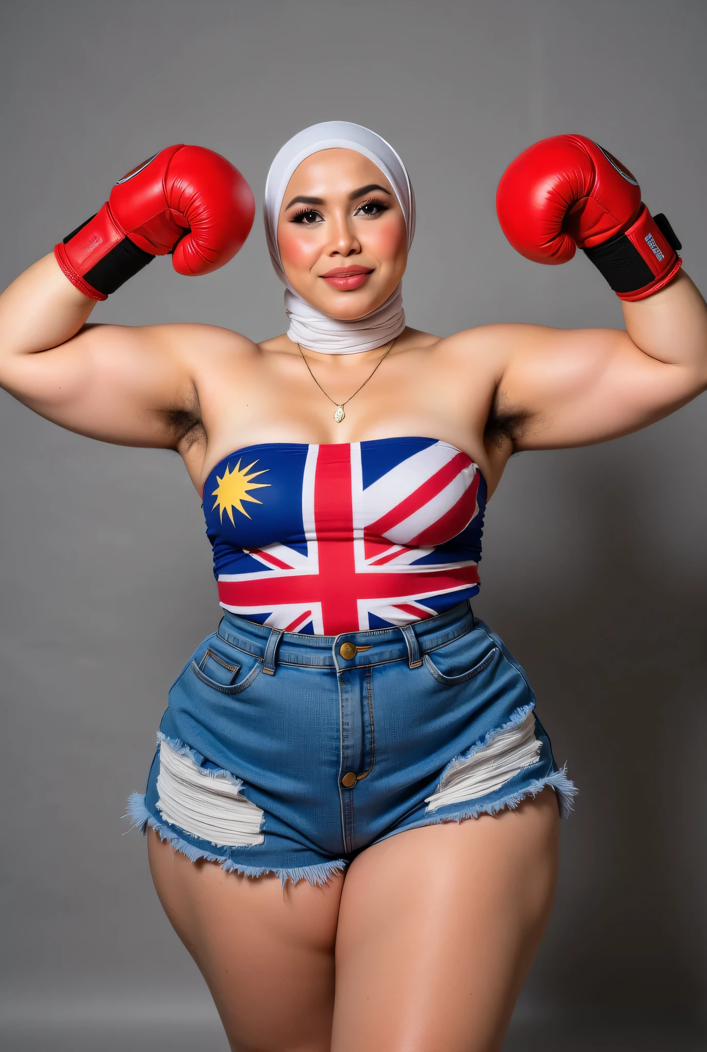 Chubbyfront view, Malaysian hijab-wearing mother. (Wearings British flag top strapless ). BOTH HANDS IN STRAIGHT UP LIFT WEARING RED BOXING GLOVES, hairy Arm pit, too much very short denim micro-shorts unbuttone.