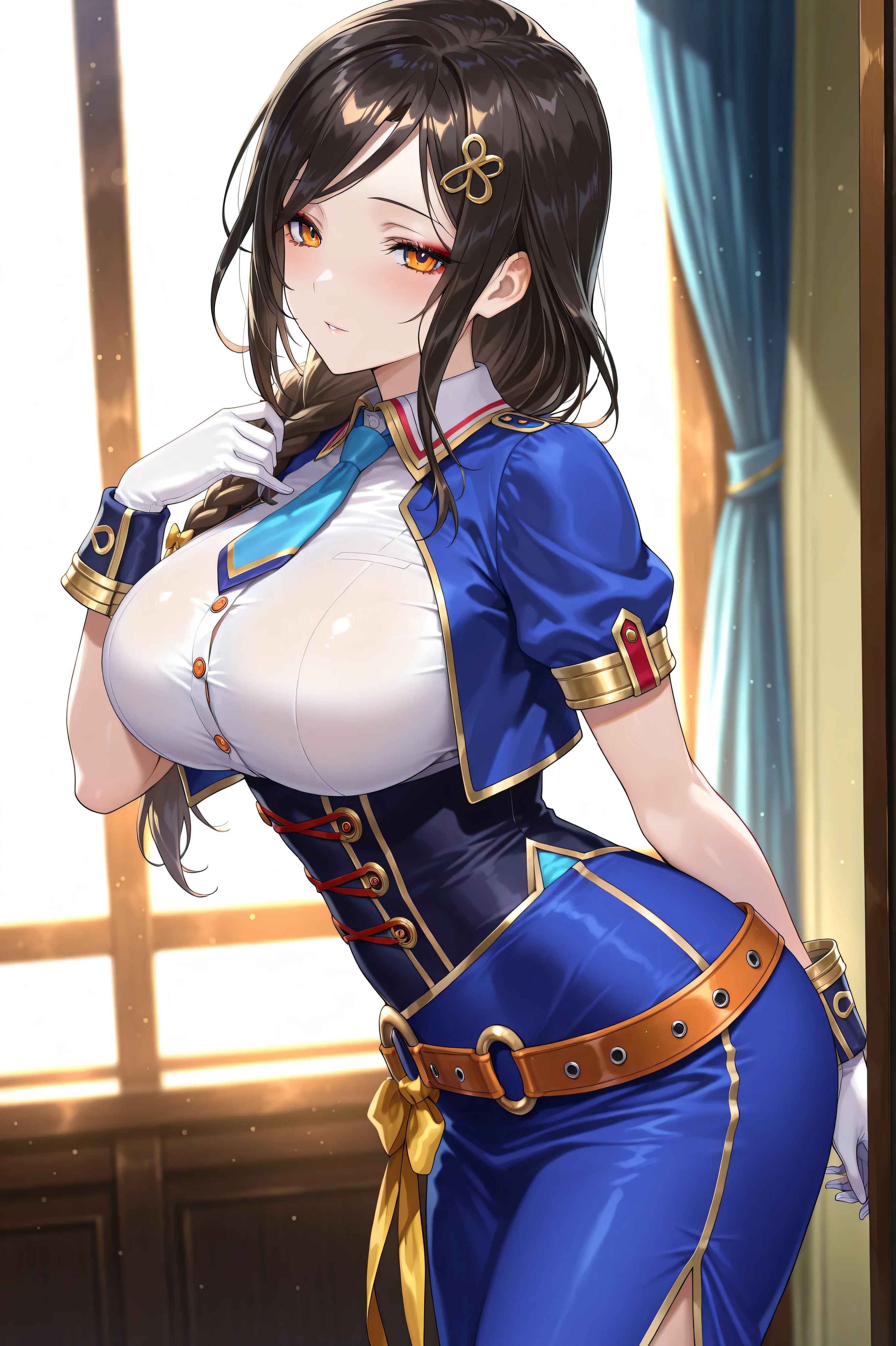 solo,masterpiece,best quality, amazing quality, highres, absurdres, very aesthetic, high resolution, ultra detailed, perfect details,nijitomoe,large breasts,orange eyes,black hair,makeup,long hair,single braid,hair over sholuder,hair ornament, glorious azure,official alternate costume,open clothes,open jacket,wing collar,blue jacket,cropped jacket,puffy short sleeves,blue short necktie,white shirt,underbust,buttons,double-breasted,white gloves,gold trim,back yellow bow,belt,horsehoe ornament,red bow,white footwear,skirt,high-waist blue skirt,,mature female、anime screencap,(masterpiece, detailed:1.2)