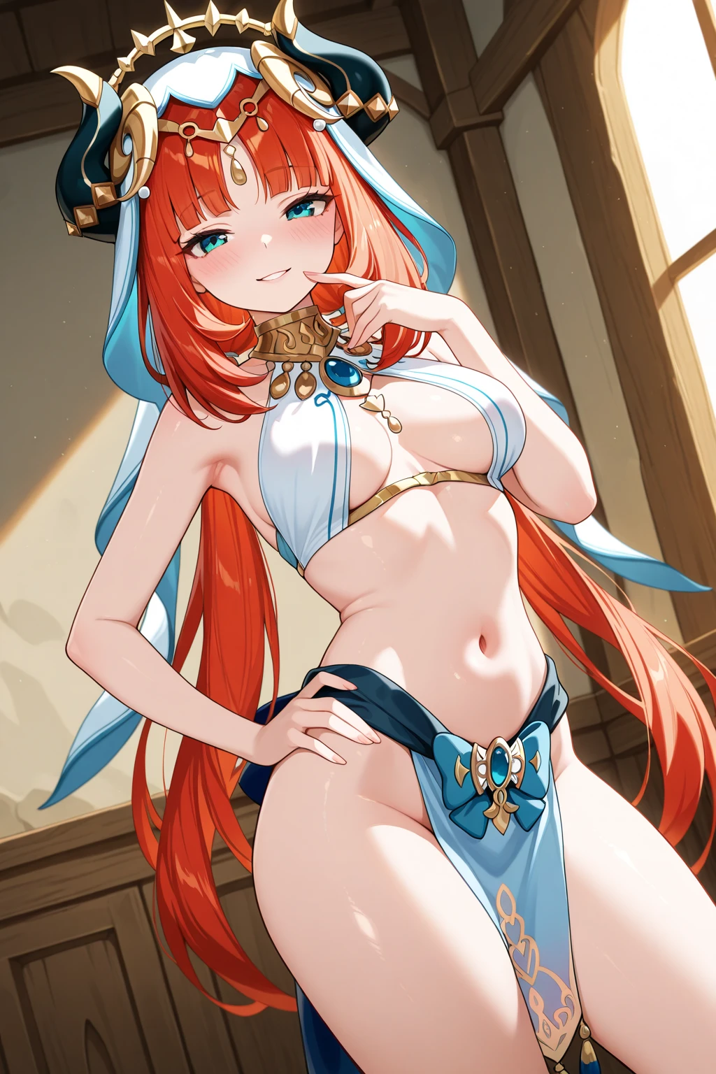 Masterpiece, nilou, genshin impact, red hair, Hot, busty, medium breasts, home, posing