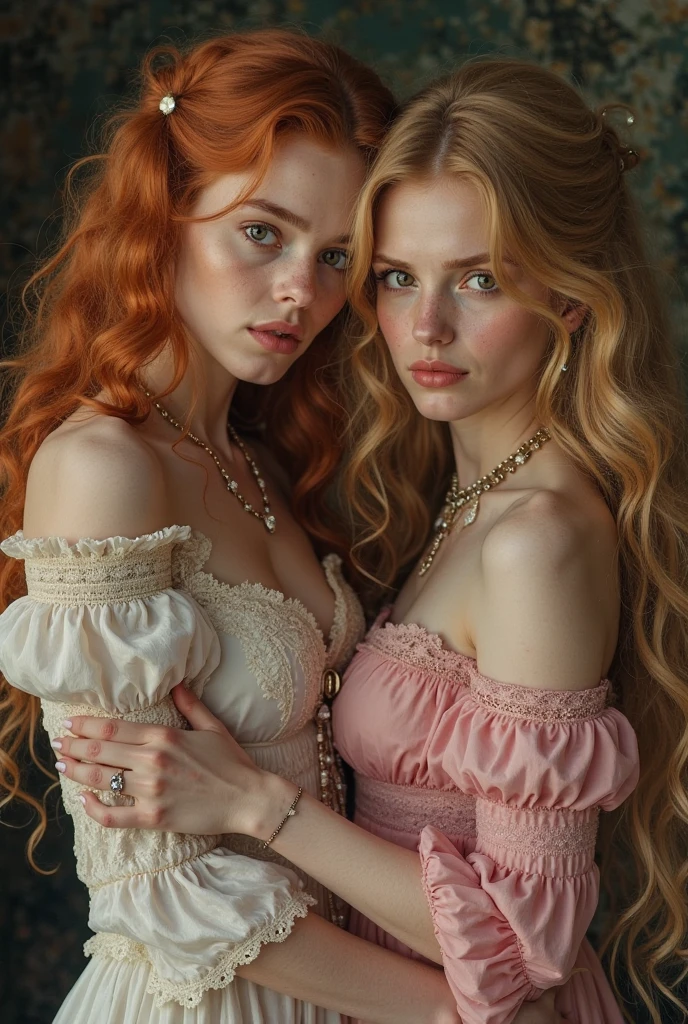 ultrarealistic, photography, two women, one has long red hair, one has platinum blonde long hair, girl, 24 years old, hourglass figure, perfect fit body, Flirty look, natural medium breasts, they are sitting on chairs, they are wearing white short-sleeve tight pencil long dress, high heels, long legs, camera from below, upstairs viewpoint with parapet, dynamic light, 8K, masterpiece, ultra detailed, (full body shot:1.5) photorealistic image of two (sitting pose:1.1) women,