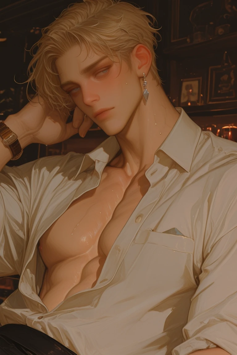 Masterpiece, best quality, handsome man, short hair, blonde, white shirt open chest, muscular, smirk, dominant male, realistic skin texture, realistic clothes texture, realistic hair, realistic, 8k resolution,