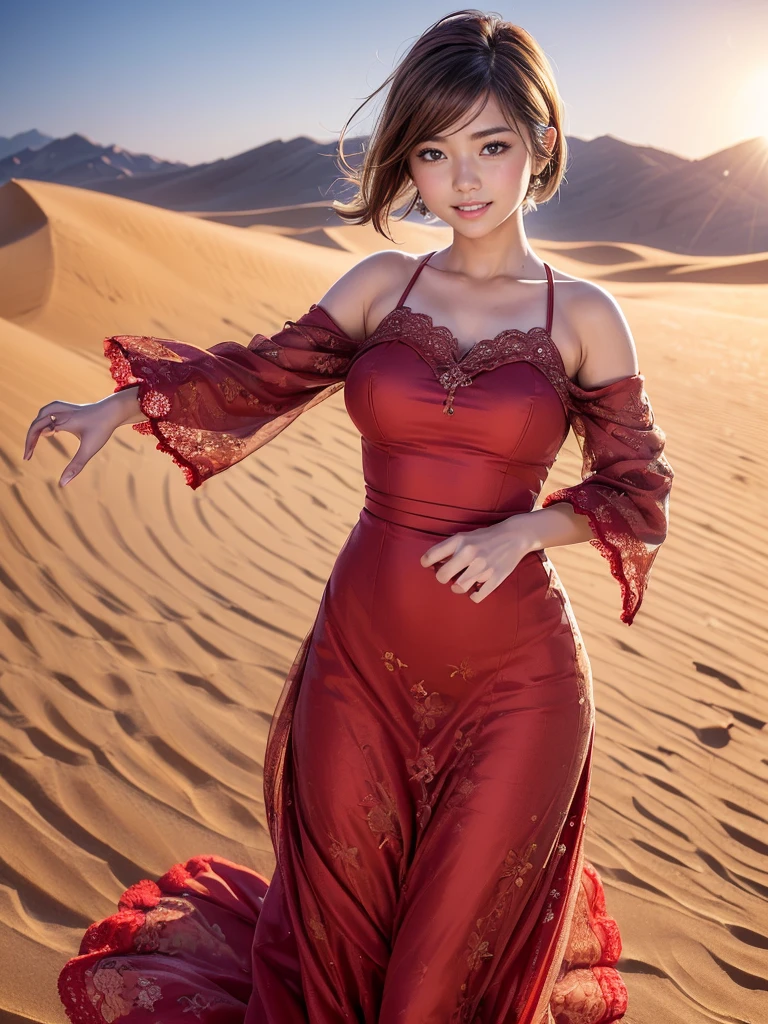 red skin, yellow eyes, long black hair, wearing red dress with thin cloth carried by the wind, walking on the desert