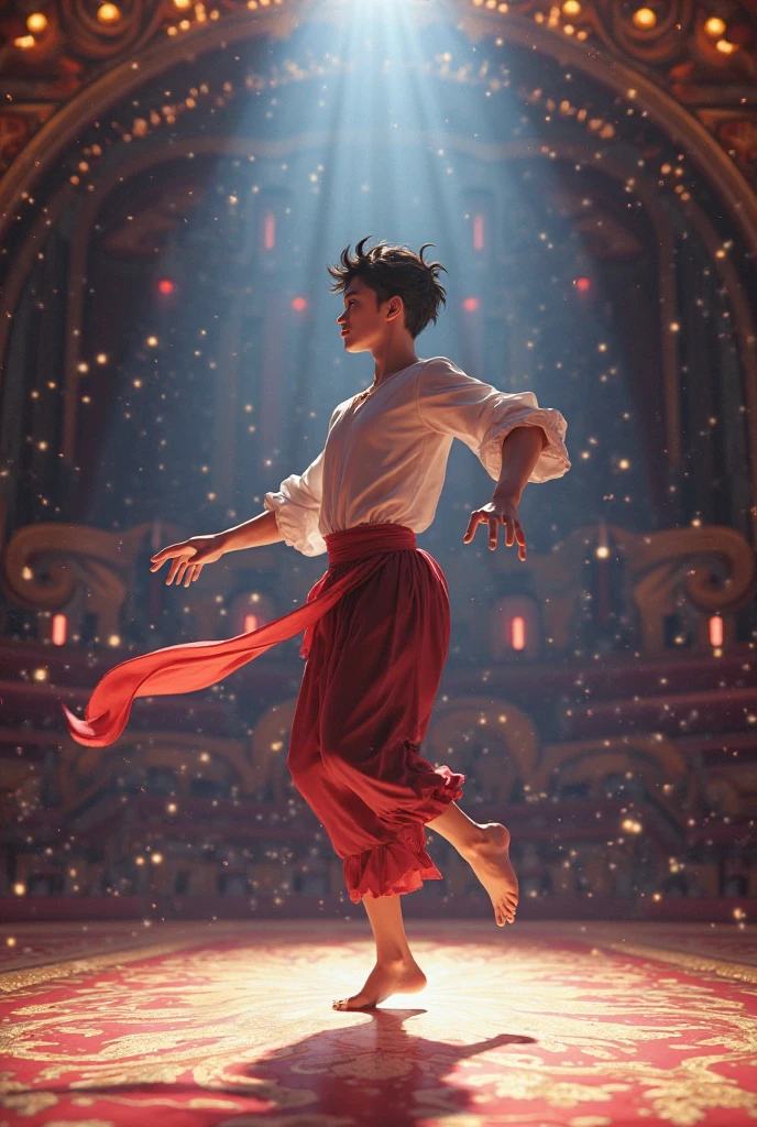 A young man from northern China dancing a red silk dance. He wears a white sleeveless cardigan on his upper body, green lantern pants on his lower body, and a red silk strip tied around his waist. He barefoot, holding a red drawstring and dancing, his feet soaring into the air. --auto --s2