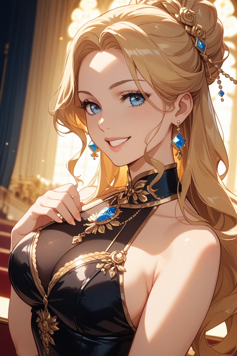 ((masuter piece:1.5)),((Finest quality)),(super precision),32k Anime,Highest level of resolution,natural soft light:1.5,Wind manipulation:1.4,Dramatic,eroticism,fantastic,((perfect anatomia:1.5)),(Perfect depiction, Unbroken body:1.5),sharpnes:1.3,Clair:1.1,Detailed down to the smallest detail,Phenomenal depiction,Top quality anime,((1 adult female),((Pale orange hairstyle)),((dame),noble,Colossal tits:1.9,cleavage of the breast:1.5,Slim and well-proportioned body,thin-waist,a navel,Clean face,pretty skin,Bewitching atmosphere,Gentle smile:1.4,(Luxurious beautiful dress with detailed details:1.6,Beautiful lace with detailed and detailed details,Studded Gemstones,)jewellery:1.3