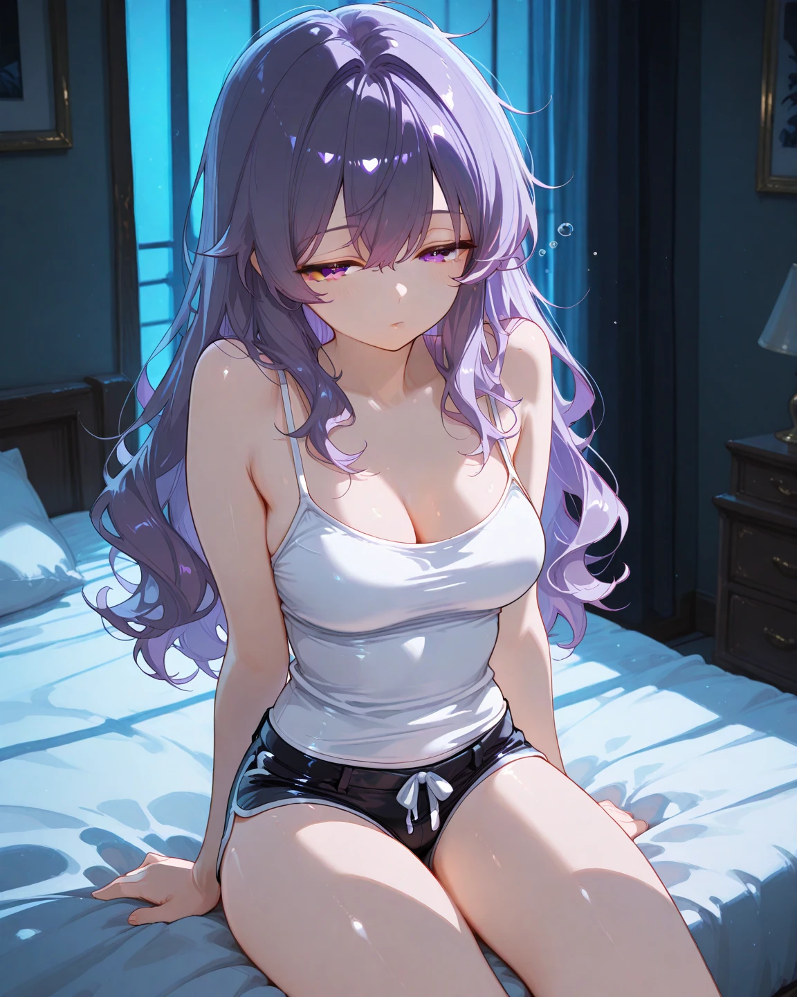 ((8k, Highest quality, masterpiece: 1.3)),Ultra-high resolution,(1 girl, alone), (Color changing eyes, Ultra-detailed, Expressive brilliance, Glitter, Glowing Eyes), Highly detailed eyes, Highly detailed face, Random Hair, ((pastel colour))A serene young woman with pastel lavender hair styled into loose waves, sitting on a plush rug in her bedroom during a quiet afternoon. She is wearing a pale blue bikini with a halter top that accentuates her cleavage. The camera captures her from a low, frontal angle as she sits in an "M" pose with (open legs:1.4), her hands gently resting on her knees. The soft afternoon light casts a warm, tranquil glow over her, with the room’s cozy decor adding to the calm and intimate feel.