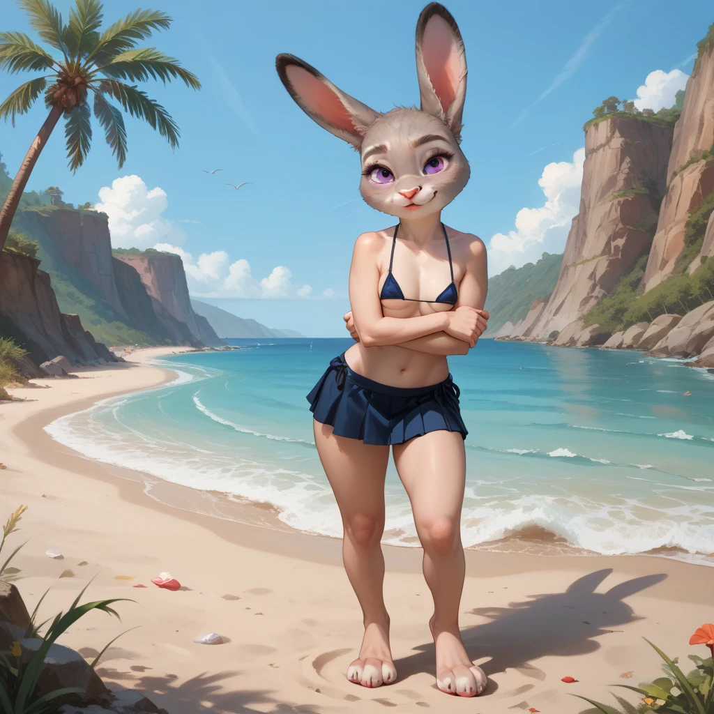 a closeup of a woman in a bikini and bunny ears on a beach, small tits, pretty,young body, delgada,a ray-traced image inspired by WLOP, Artstation contest winner, furry art, lola Bunny girl fanart, realistic bikini, is wearing a Swimsuit, Bunny girl, Swimsuit, Judy Hopps from zootopia, Judy Hopps, glowing skin, Perfectly shaded body, ultrarealistic sweet Bunny girl