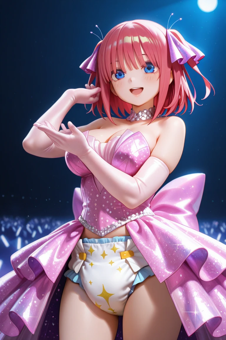 The upper part of the body、one girls、i have purple hair color、Two-tone、(Pink Highlight Hair、Curly hair/floral hair band、very Bigger breasts、Flamenco costumes、(The flashy pink floral lace is the highlight)Holding a shining wand..、Shining magic circle、Countless glowing spheres float、Glowing soap bubbles、shining chandelier