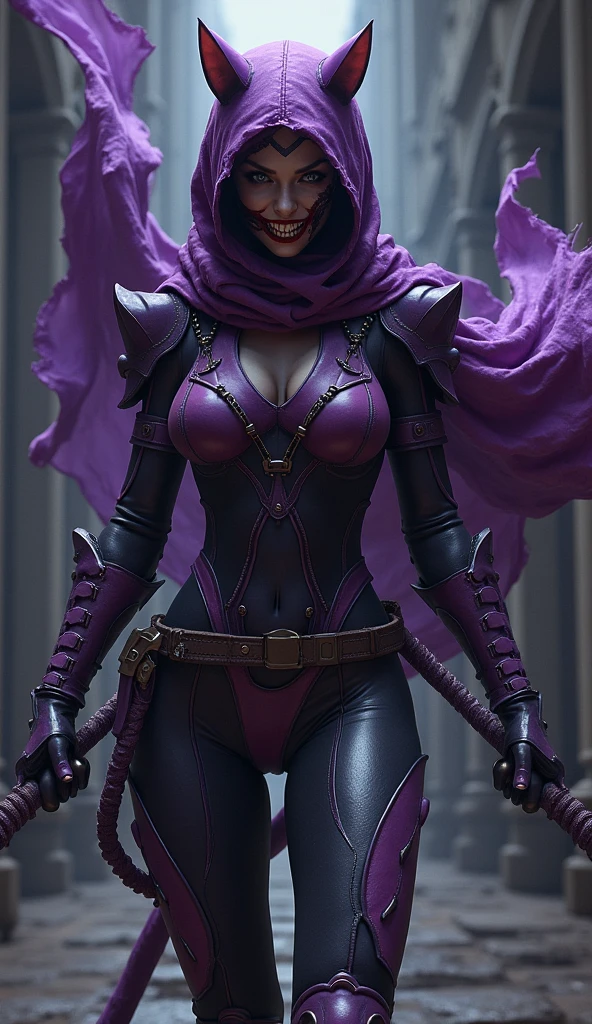 Raven team leader,purple hoodie, with no face, shadowed face, animal ears,purple skin, scar on eye, body skin, purple fur, waist belt, torso symbol, metal gloves, pointing your ass at the viewer, leaning forward, pushing, she closes her eyes, hands resting on top of a small wall, her with her eyes closed, hands are not in the air, expression of force, stomachache, stomach growling. day Of course