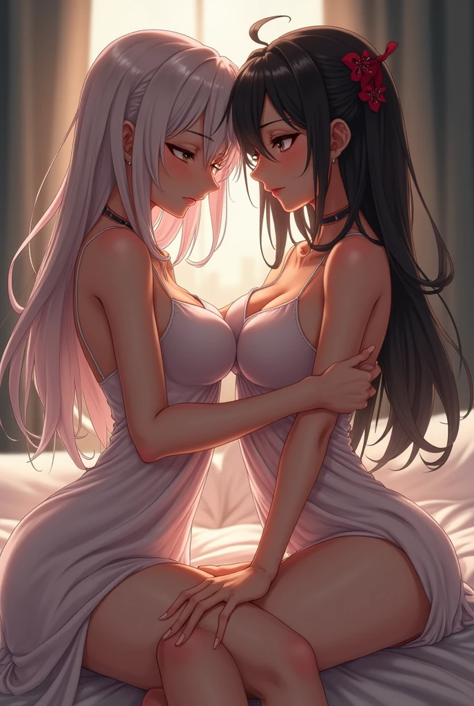 2 lesbians, healthy muscle curves, tanned hotties, kissing each other, licking each other's tongues, saliva flowing from the corners of the mouth, breast touching, wearing skin-colored kimonos with high slits, adjusted to thigh length, long slit pants. Has tassels or other accessories. Clothes can accidentally unravel (come apart), become embedded (causing clothing to pull on the crotch), and tops can slip off (causing exposure). The expression is fiery and defiant. (Masterpiece, Best Quality: 1.2), beauty, pink hair, shiny skin, seductive pose, cleavage, wet skin, crop top, exposed breasts, large breasts, exposed breast detail, eye contact , long hair, sharp edges, moody lighting, artfully melted vanilla ice cream. Cream cheese slurry running down, stains dripping everywhere, provocative poses, dim lighting, super pretty sparkling eyes during orgasm, huge breasts showing cleavage. nipple. navel, light pink, muscular, legs spread, juicy, wet, seductive, big breasts, cleavage exposed, navel, dark brown skin, blonde, long straight hair, schoolgirl cut, cosplay, late night, wet, sweaty Armpits, (tanned) face): 1.6), healthy tanned skin, attractive ass, spread legs. Details Sitting with legs spread apart, M-shaped legs, white underwear, pink underwear, skin-colored underwear, black underwear, the underwear moved to the side of the thigh, with a large amount of viscous white liquid seeping out of it. Field Bokeh, (Detailed Background), Perfect Layered Cut, (Full Body Shot/Cowboy Shot/Side View), 8K, Gorgeous Lips, (Masterpiece), (Best Quality), (Ultra Detailed), ((Sexy) ;1.5) ) Very beautiful, illustrations, perfect composition, intricate details, ridiculous, detailed faces, (anime, masterpiece, complex: 1.3), (best quality, hired textures, high details: 1.2), ( 4k), (Extreme detail: 1.4)