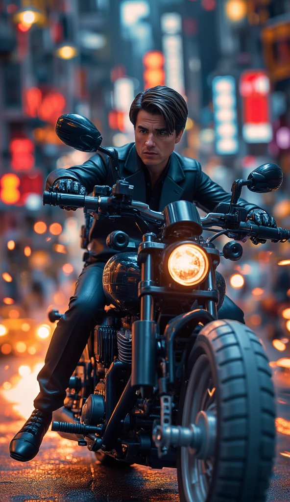 (Main character:1.5, aviators, black t-shirt:1.2, grey pants:1.2, black boots:1.1, riding:1.3, red motorcycle:1.3) through a city, (red car flipped:1.3), intense action scene. --auto