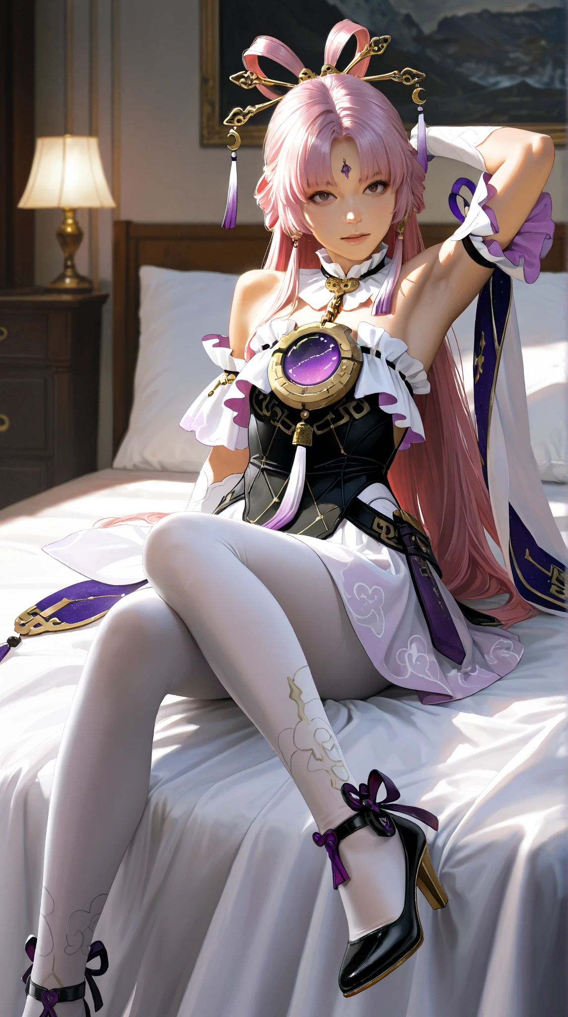 Light purple rolled hair、hime-cut、Girl with golden eyes、View of the crotch from below、flat chest、Thin pubic hair、Beautiful open legs、Black Priestess Uniform