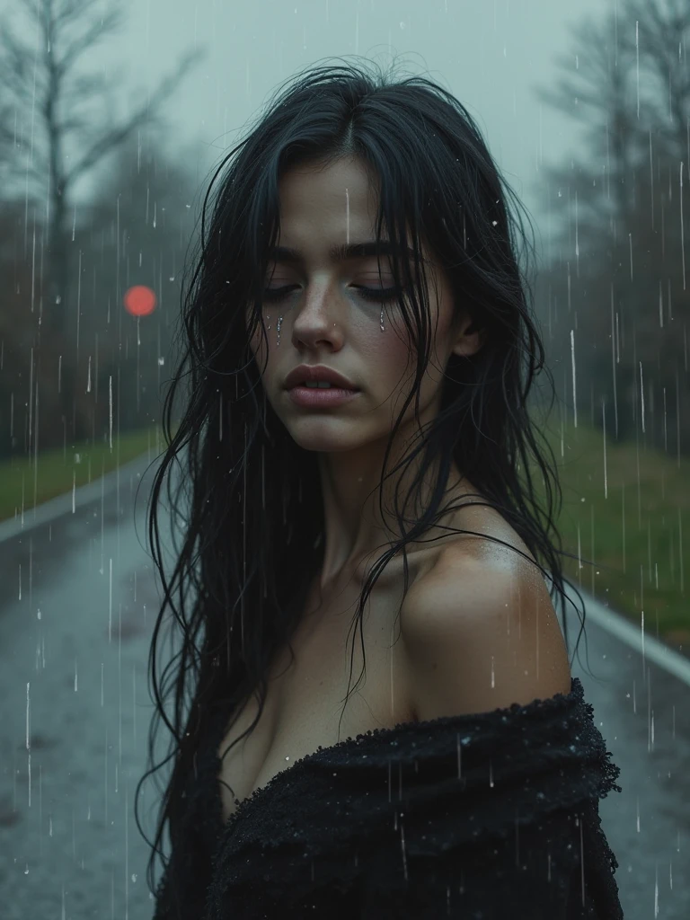 English woman 20 years old,skin fair,sparkling green eyes,dark purple hair,black greek dress goddess,coming out of the black sea,cinema image,品質,full body images,detailed,sobbing,make her with open arms,full body image,It&#39;s raining,black tears,your heart was broken,
