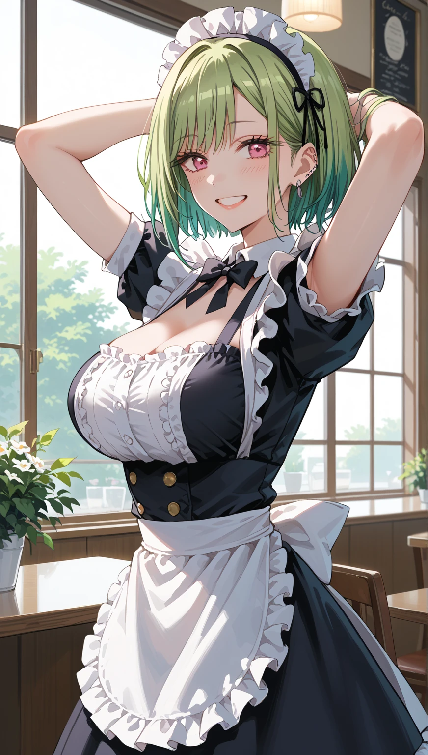 score_9, score_8_up, score_7_up, source_anime, 1girl, light green hair, very short hair, green eyes, cat ears, medium breasts, eyeglasses, curvy body, micro bikini maid, headdress, blouse, skirt, apron, areola, jitome, private room, mansion,