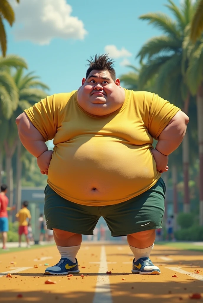 Little fat man running, sweaty head, cartoon, sweatband, struggle, yellow clothes, big thick legs