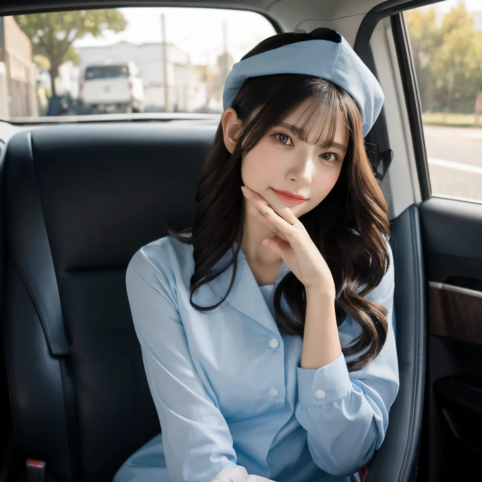 1 beautiful woman, large body, eyes closed, dressed as a nurse, asleep in the back seat of a car, resembling actress Karen Fukuhara