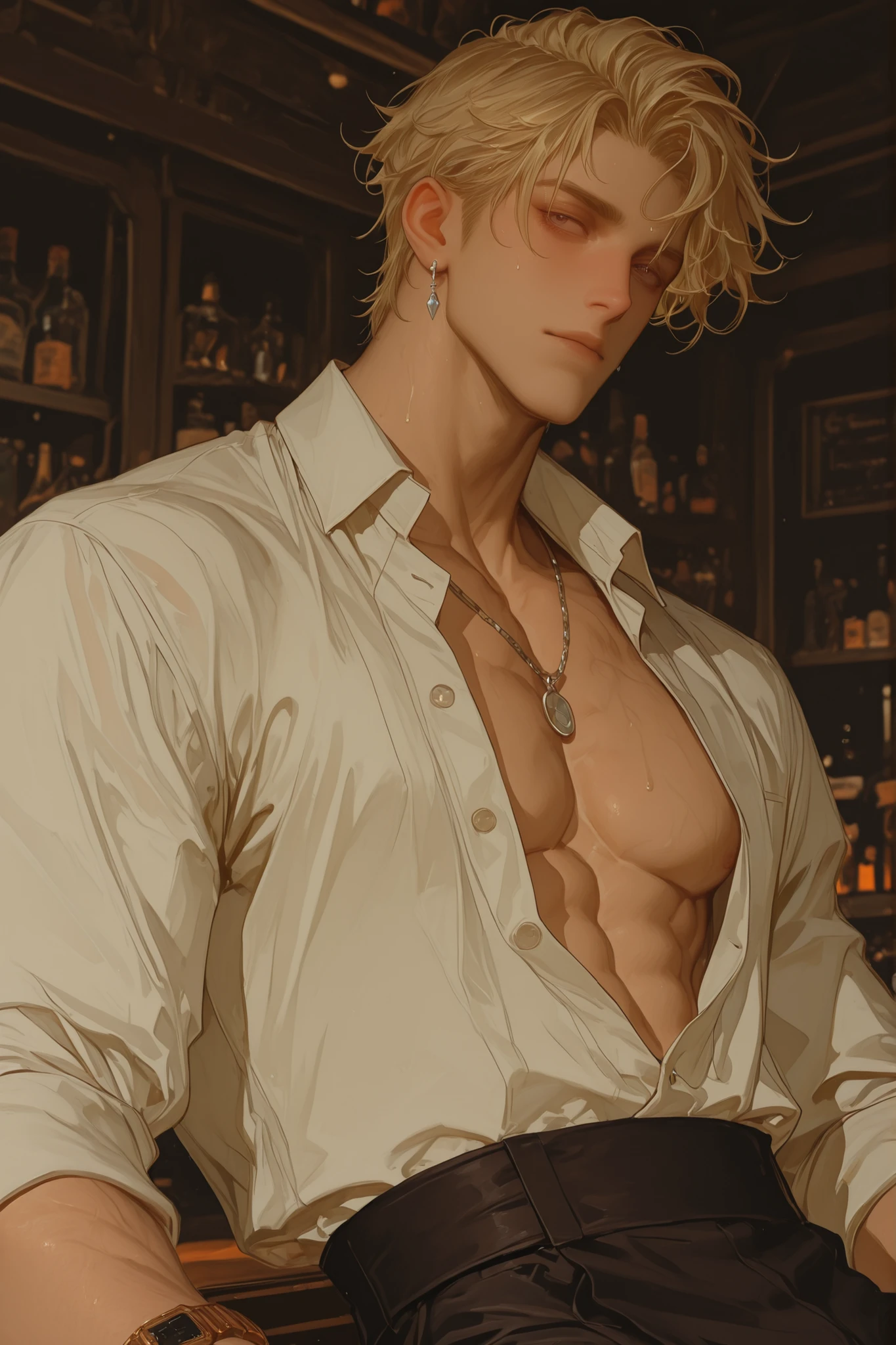 (chỉ một người đàn ông ) a handsome bartender, short ligh blonde hair , shirt , watch,open button shirt, silver earrings,necklace,chest muscles, chest sweat.