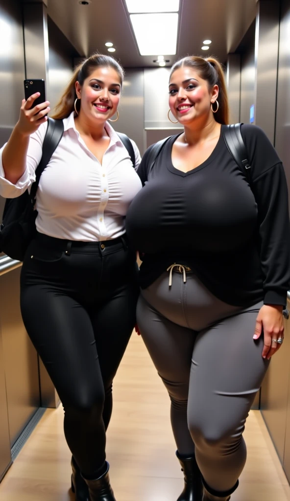 three extremely fat and large women hugging, huge bust, 300 pounds, black pants, massive stomach, lovehandles, smiling, bbw, plus size woman, belt, obese, hand on shoulder, wearing a baseball cap, black silk hoodie, voluptuous body, wearing glasses, wearing backpack, navel