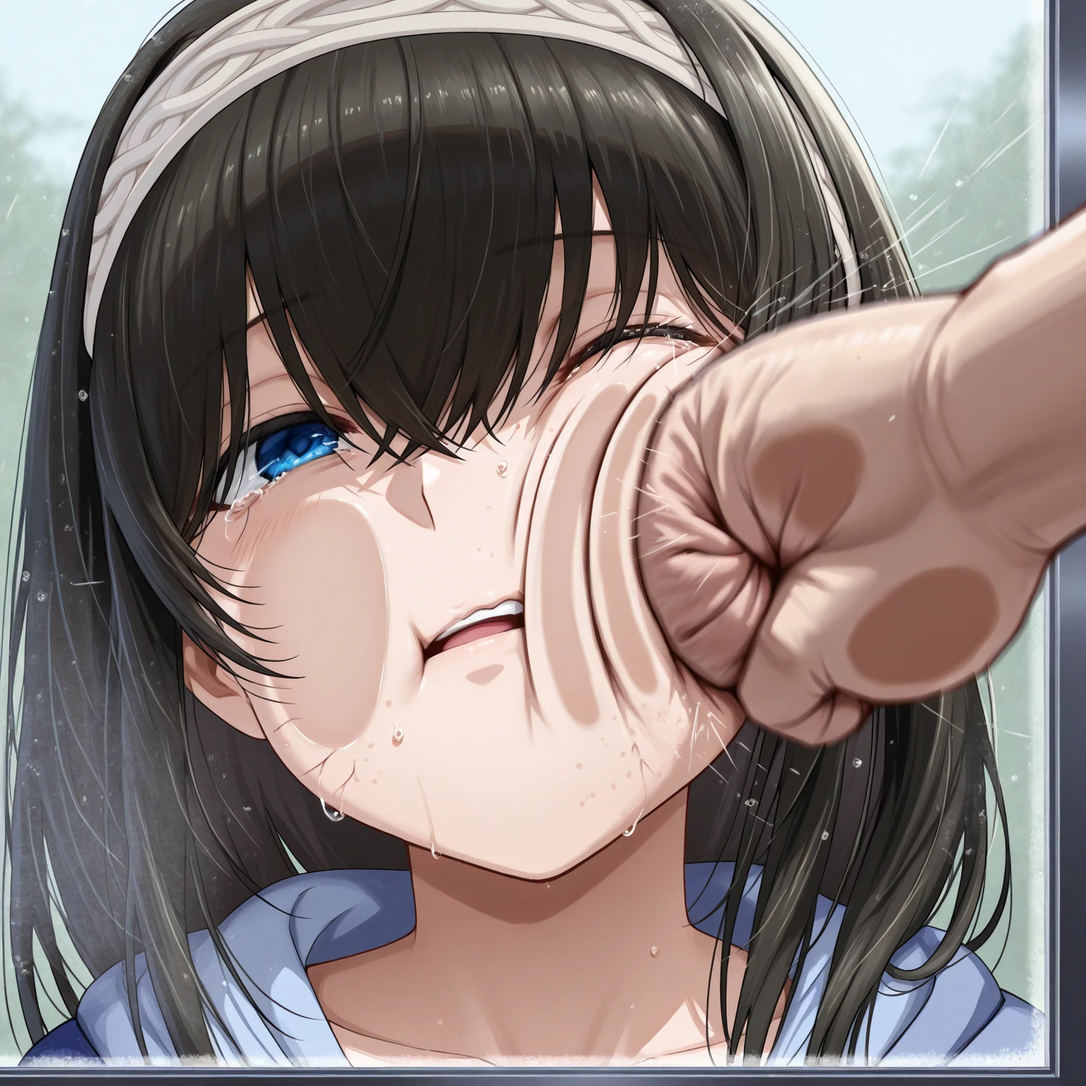 (handjob),side view,eye-level shot,face focus,open mouth,tongue out,cum on tongue,Licking the penis,(1girl,Beautiful 16 year old girl),((Slender,Small breasts,Baby Face,Small face,)),looking at viewer,Black Hair,bangs,two side up,Gray Eyes,Drooping eyes,slit pupils,narrow eyes,,shirt,Checked tie,Beautiful and detailed anime art,Mischievous smile,Dimly lit room,Simple Background,Gray background,Low lighting