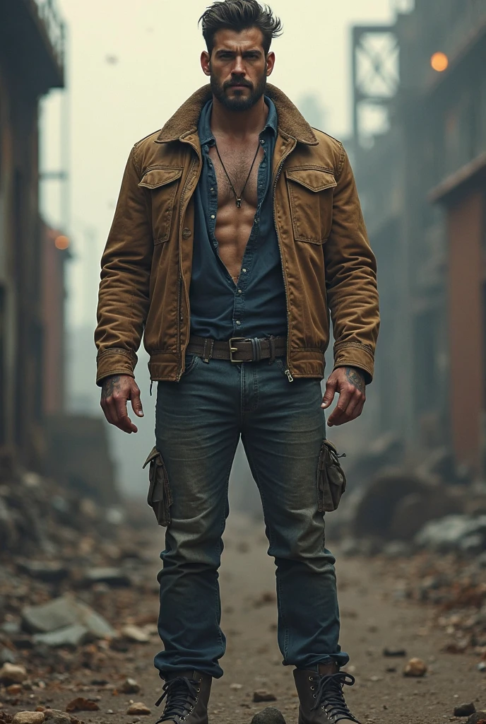 Russian with crystal glasses, straight brown hair, with thick wild boar fur shoulder pads, shirtless, brown military pants, big boots and lots of muscles