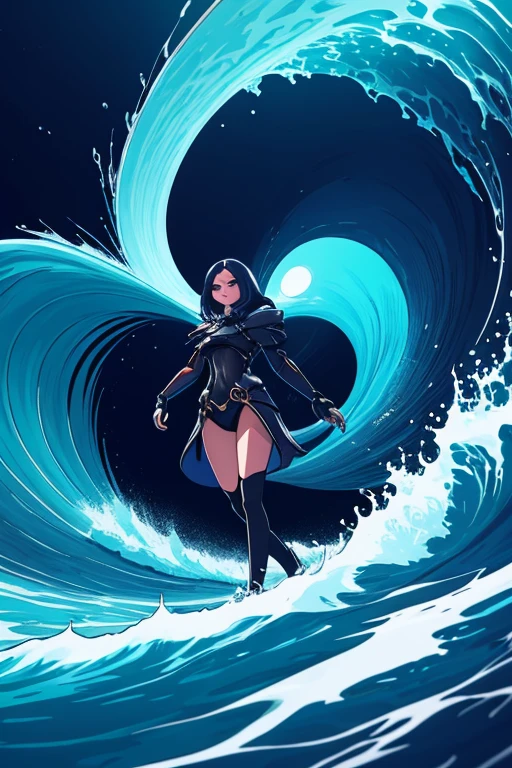 a powerful HUMOURS image of the FEMALE Grim Reaper surfing a menacing black surfboard along the waves of the Hawaiian shoreline, harvesting the souls of the dead with a scythe and an emotionless expression on their face, surrounded by a stunning sunset and a tropical paradise with exotic wildlife. The souls of the deceased express a range of emotions from sorrow to acceptance as they are taken away by the Grim Reaper. --auto --s2
