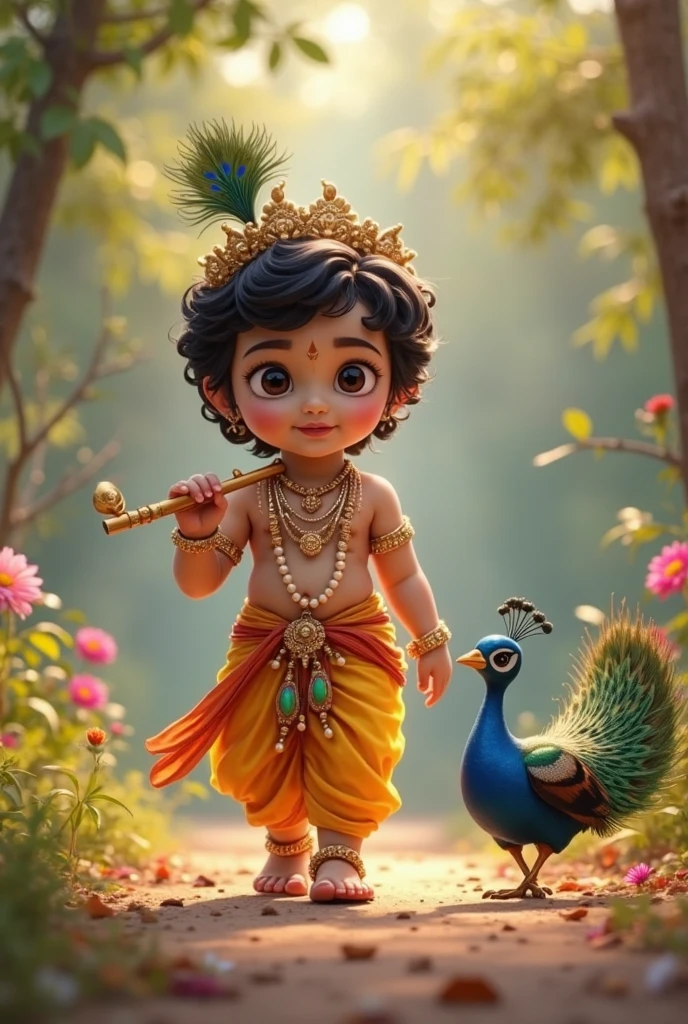 The image portrays a serene and divine Lord Murugan seated gracefully on a majestic peacock. His face is childlike, exuding innocence and purity. He wears traditional ornaments and a golden crown, enhancing his divine appearance. Behind him, a battle scene unfolds, but it is intentionally blurred and distant, contrasting with Murugan's calm and compassionate expression. The entire image has a soft, ethereal glow, focusing on the peaceful and cute nature of the young deity. The war in the background adds depth but remains subtle, allowing Murugan to stand out as the central figure of tranquility amidst chaos.