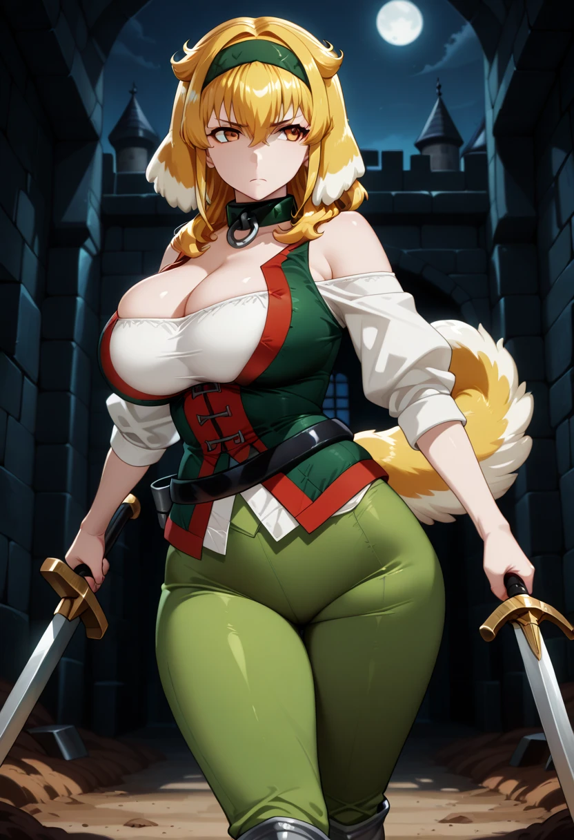 Beautiful 1girl, full body, teenager, solo, (very long waist length blonde hair, straight blonde hair: 1.28), ((light blue eyes)), clear skin, (large darker fox ears: 1.35), pale skin, medium breasts, cleavage, (thin hips, thin waist , athletic body: 1.25), background, looking away, (wearing cropped cloth tunic green, leather skirt, van braces, boots with shin guards: 1.1), walking through a courtyard, masterpiece, best quality,3d rending work ,3DMM style, close-up, portrait, 3D,